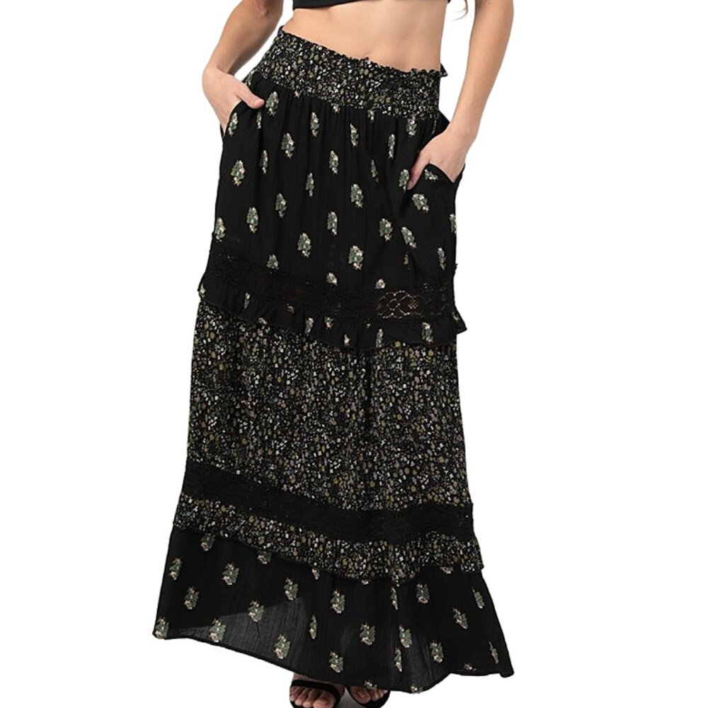 Angie Black Twin Print Lace Trim Bohemian Maxi Skirt B6B24-WA88-WA89